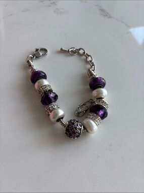 bella Perlina Purple Crystal & Pearl Charm Bracelet
